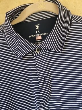 Men's by Fairway & Greene Navy and White Striped Short-Sleeve Polo with LOGO